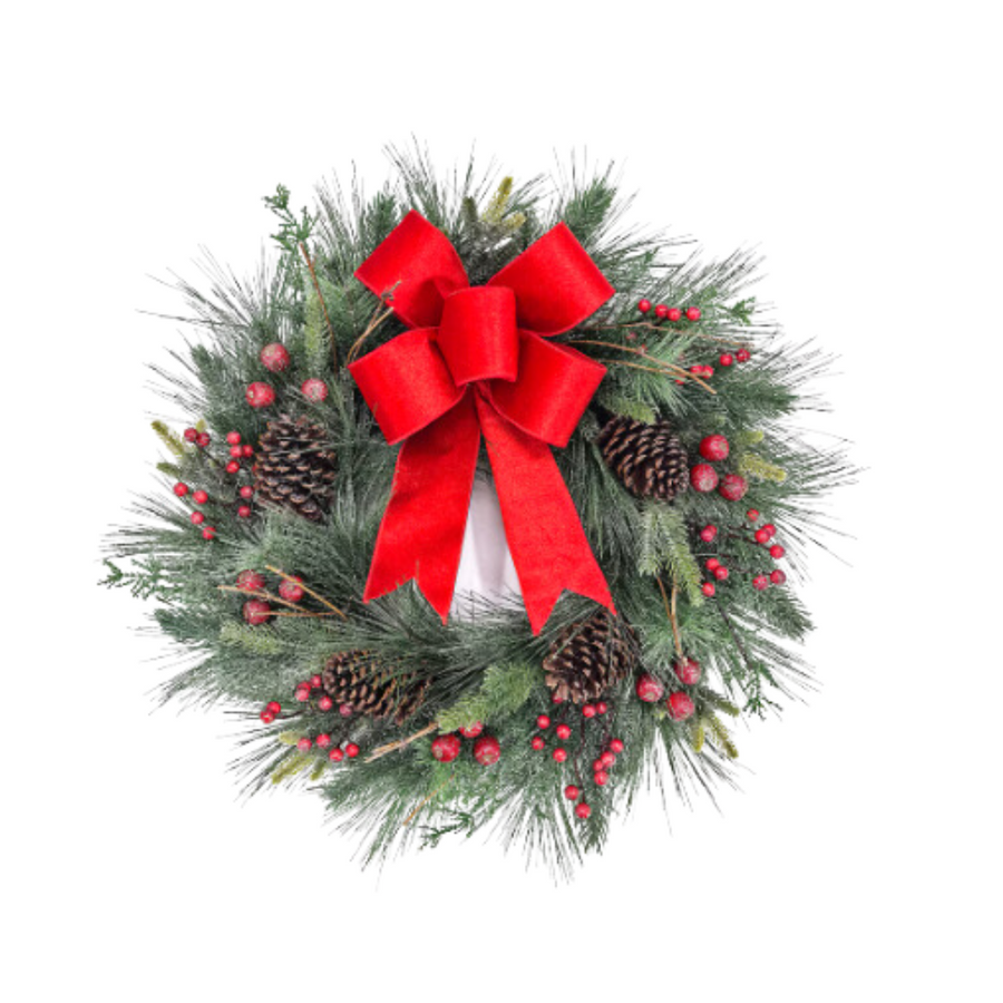Frosted Pine Wreath With Berries and Red Ribbon