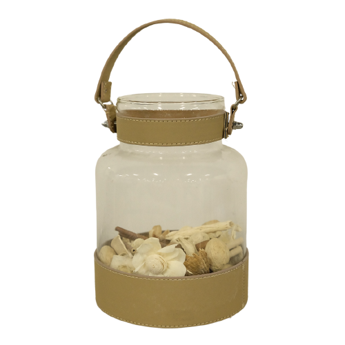 Large Glass Jar with Tan Leather