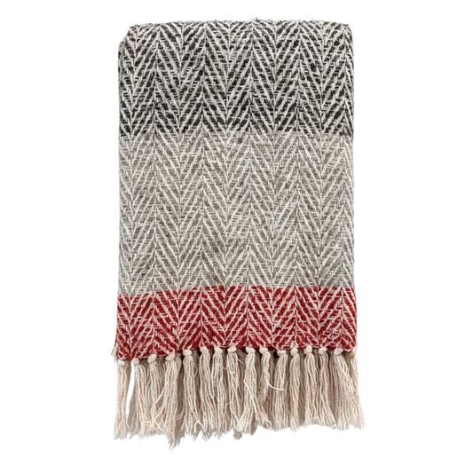 Herringbone with Red & Grey Stripes Throw