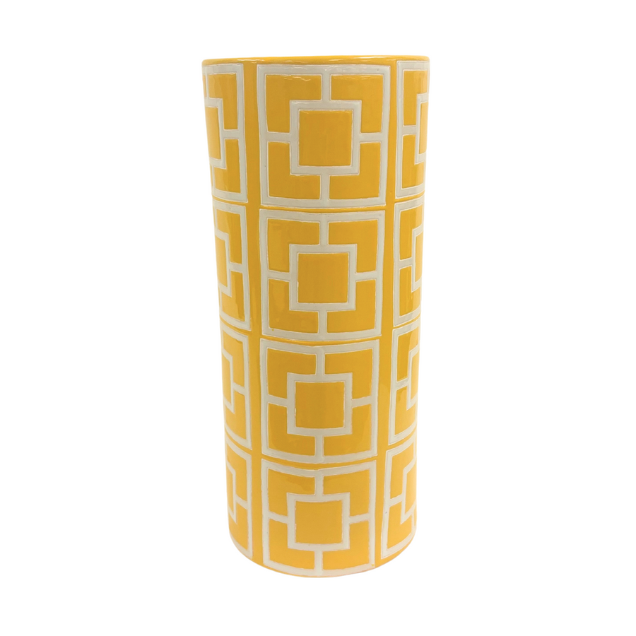 Yellow Cylinder Vase w/ White Squares