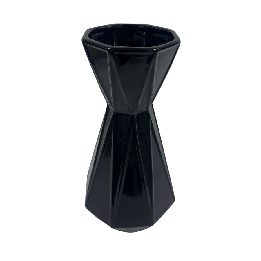Large Black Ribbed Triangular Flare Vase