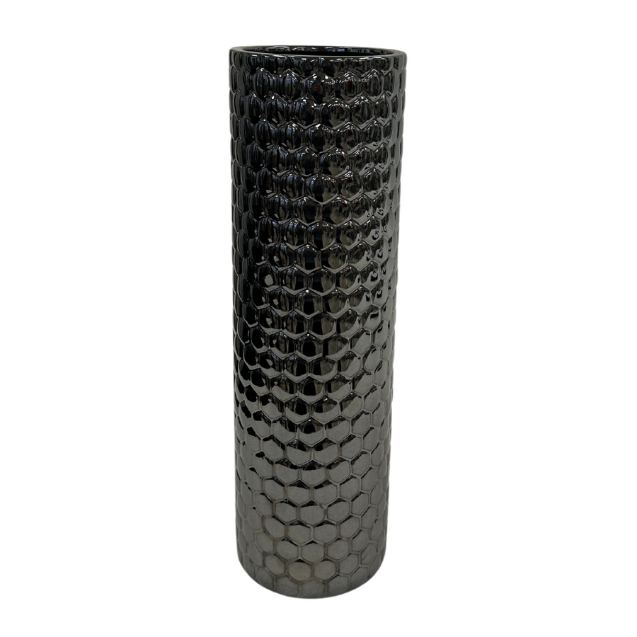 Metallic Black Cylinder Dimpled Vase