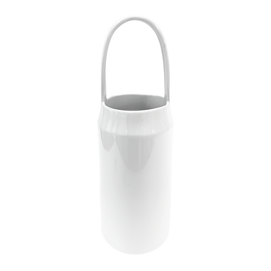 Large White Cylinder Vase with Handle