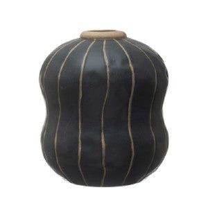 Round Stoneware Vase w/ Cream Stripes