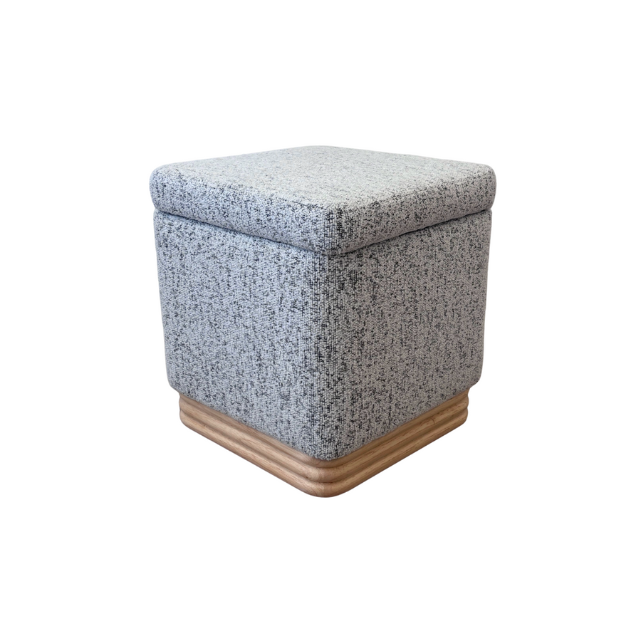 Light Grey Upholstered Ottoman with Wooden Base