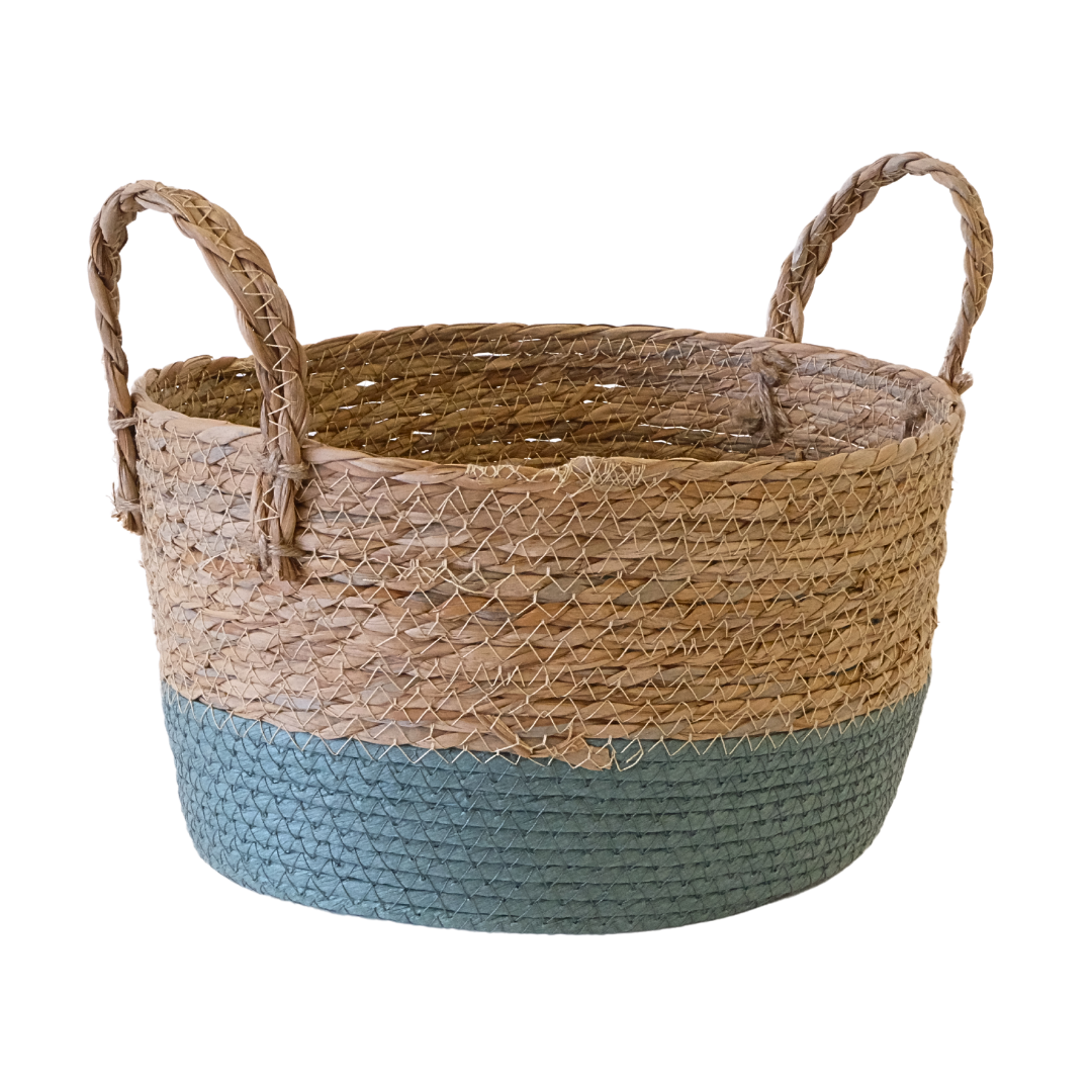 Natural Grass Basket with Blue Base & Handles