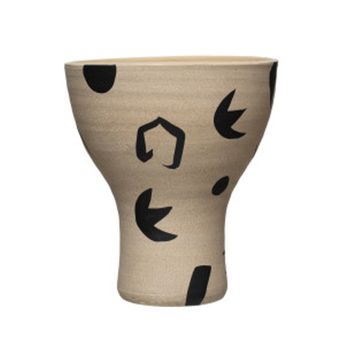 Planter - Beige Sand Terracotta with Black Abstract Design