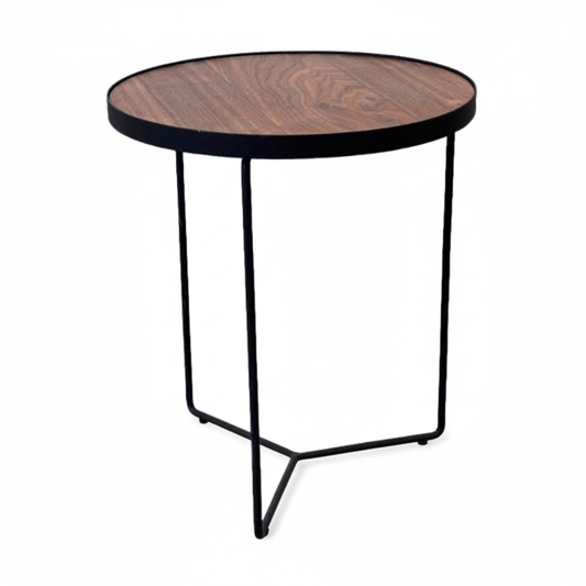 Side Table Round with Wood Top and Black Metal Base