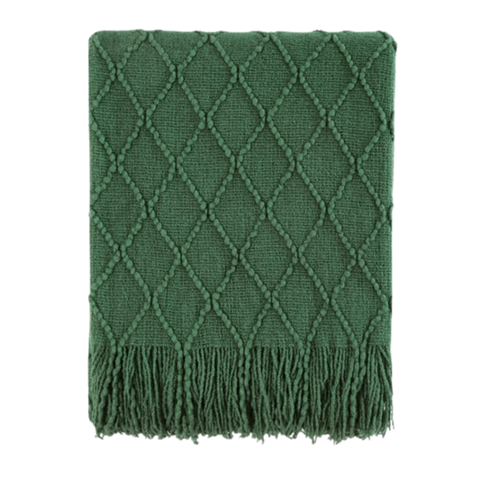 Textured Green Knitted Throw with Fringe
