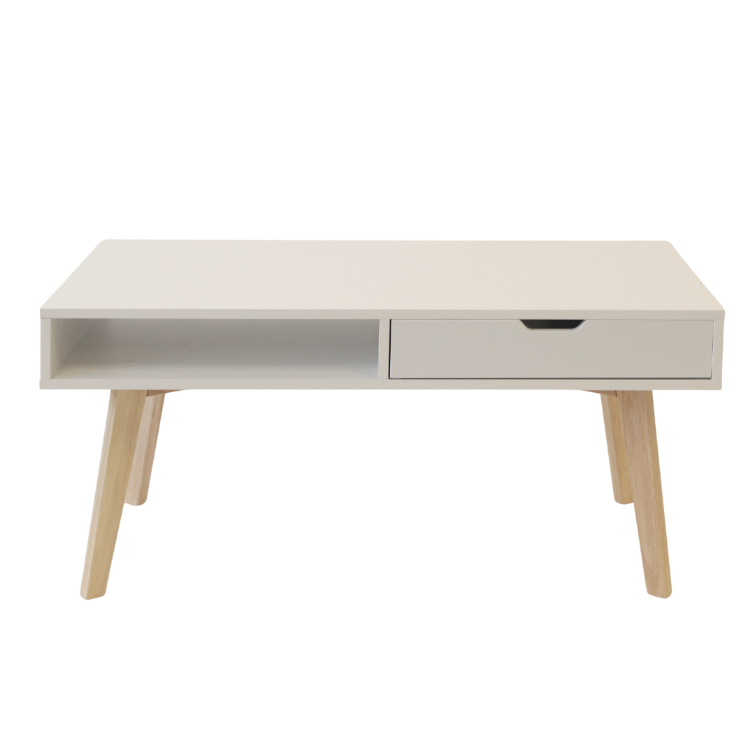 White Coffee Table w/ Drawer & Wood Legs