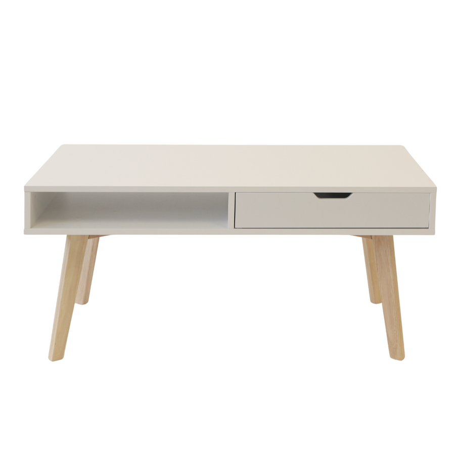 White Coffee Table w/ Drawer & Wood Legs