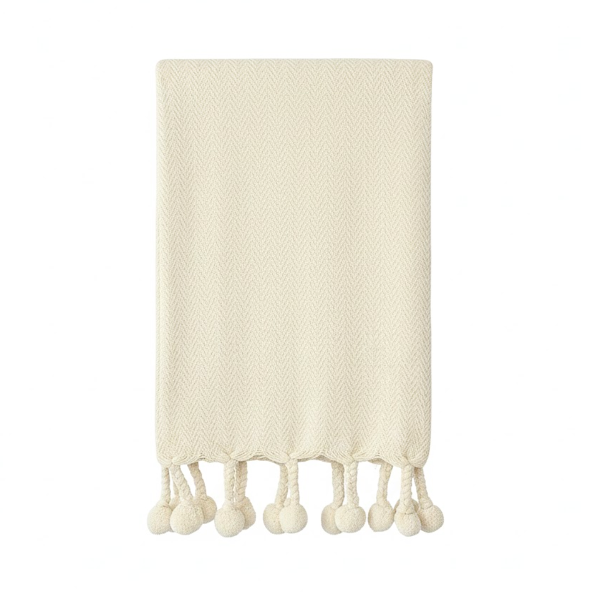 Cream Throw With Pom Pom Tassels