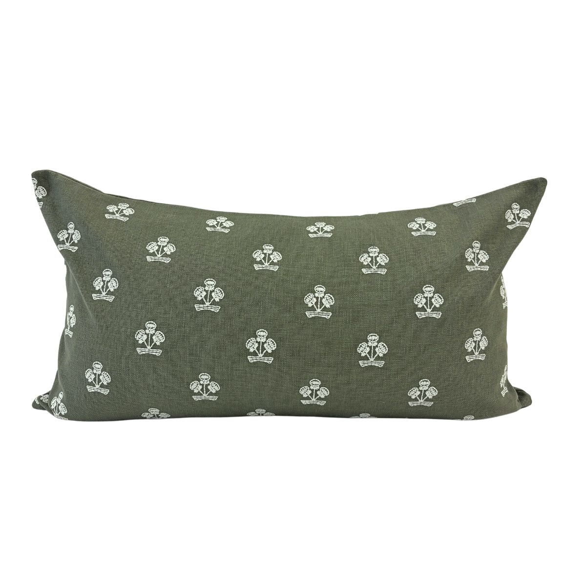 14x24 Pre-Stuffed Green Pillow with Textured Embroidered Flowers