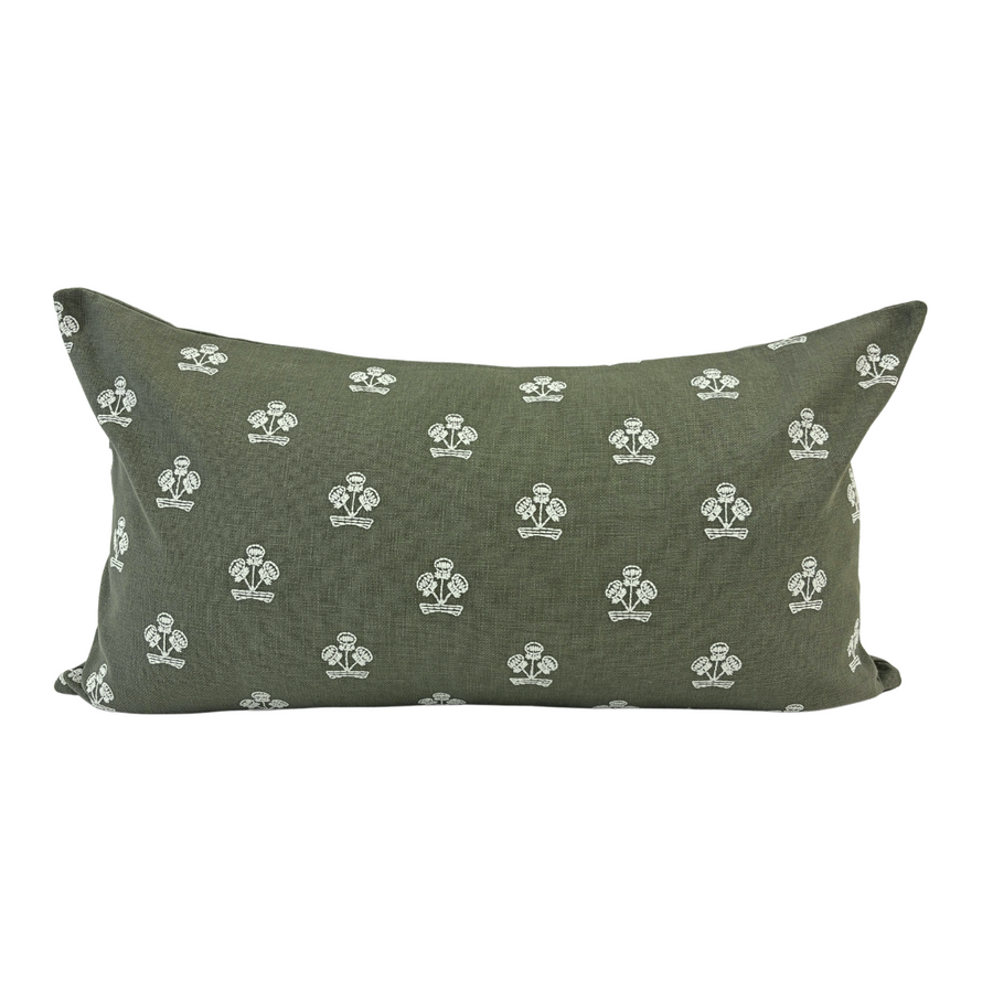 14x24 Pre-Stuffed Green Pillow with Textured Embroidered Flowers