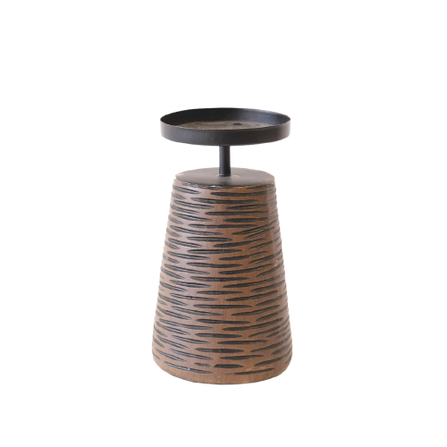 Small Carved Wood Pillar Candle Holder