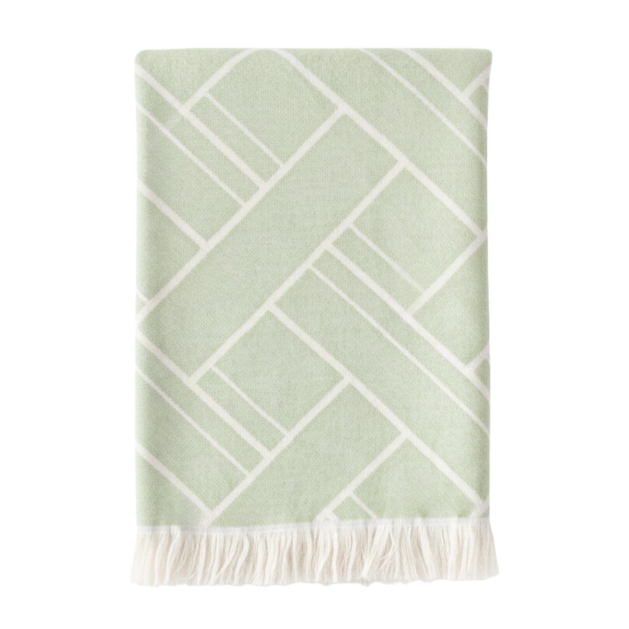 Luna Knit Geometric Pattern Green Throw With Fringe