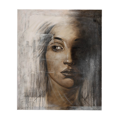 CLEARED Textured Brushstrokes Portrait Taupe & Off-White Canvas