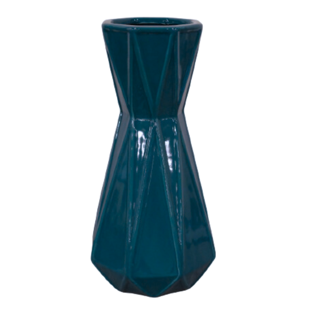 Large Teal Blue Ribbed Triangle Flare Vase