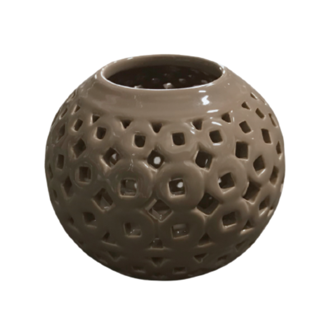 Round Taupe Candle Holder w/Cutouts