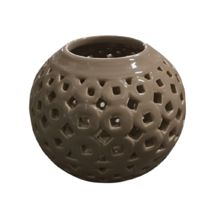 Round Taupe Candle Holder w/Cutouts