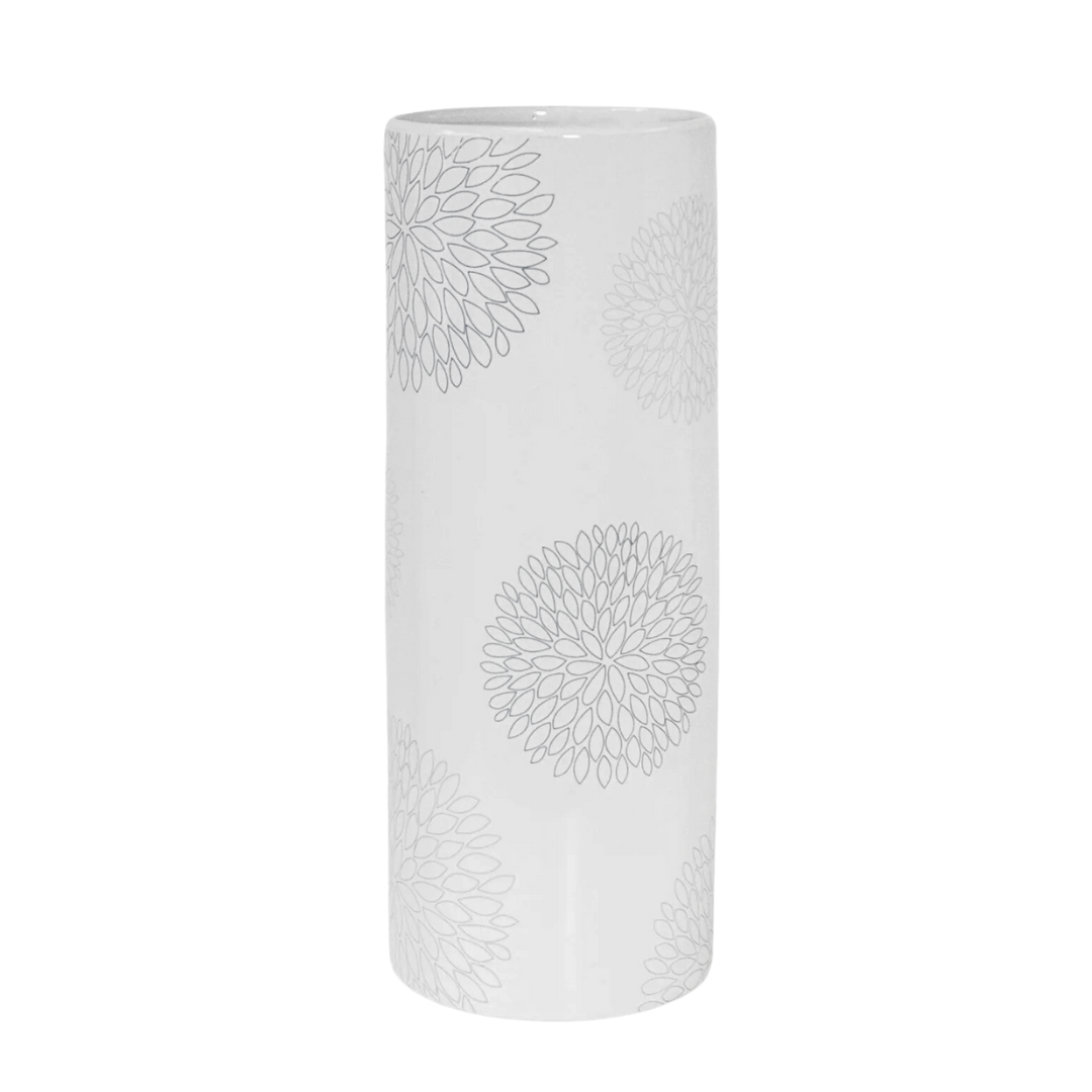 White Vase with Blue & Grey Flowers Cylinder