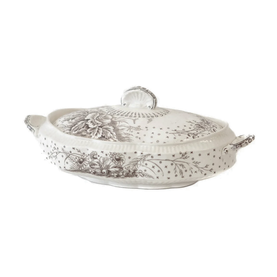 Cream Serving w/ Lid and Handles and Flower Motif