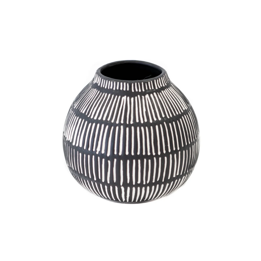 Stoneware Black w/ Cream Stripes Pattern Vase