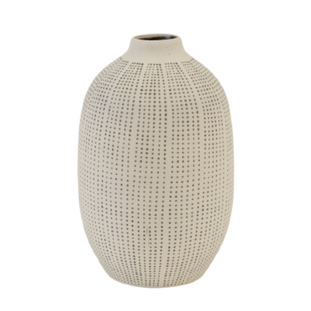 Large Stoneware White Vase w/ Black Dots