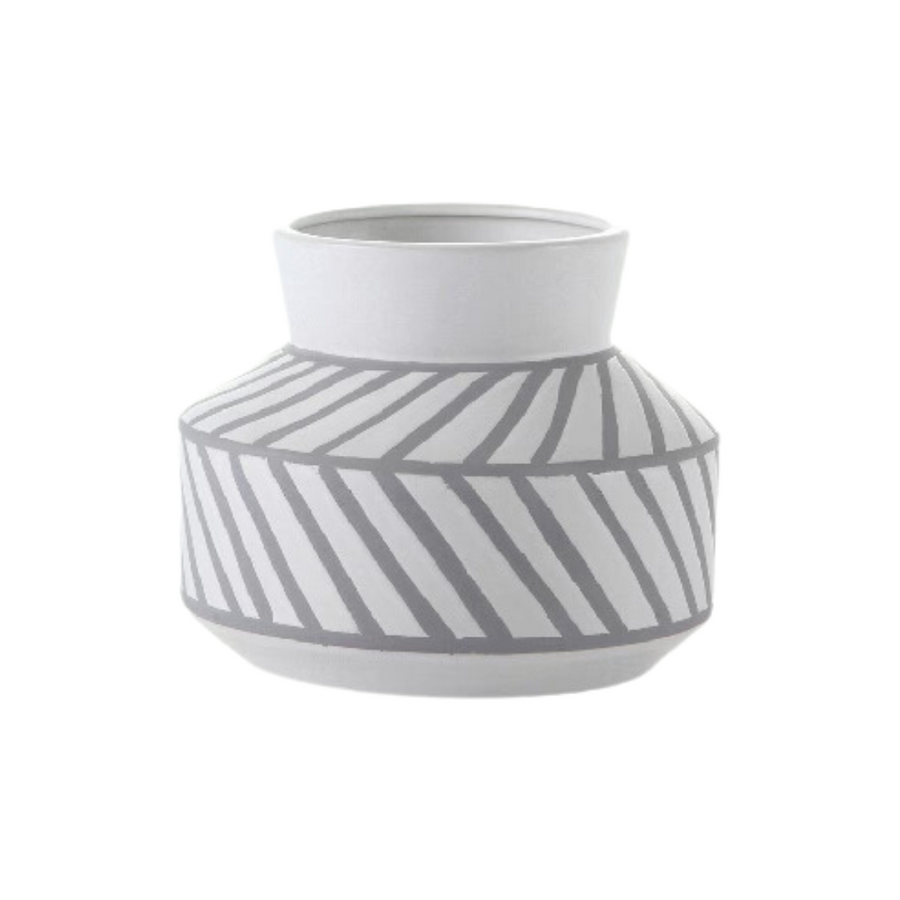 Large White Matte Ceramic Vase  w/ Grey Lines