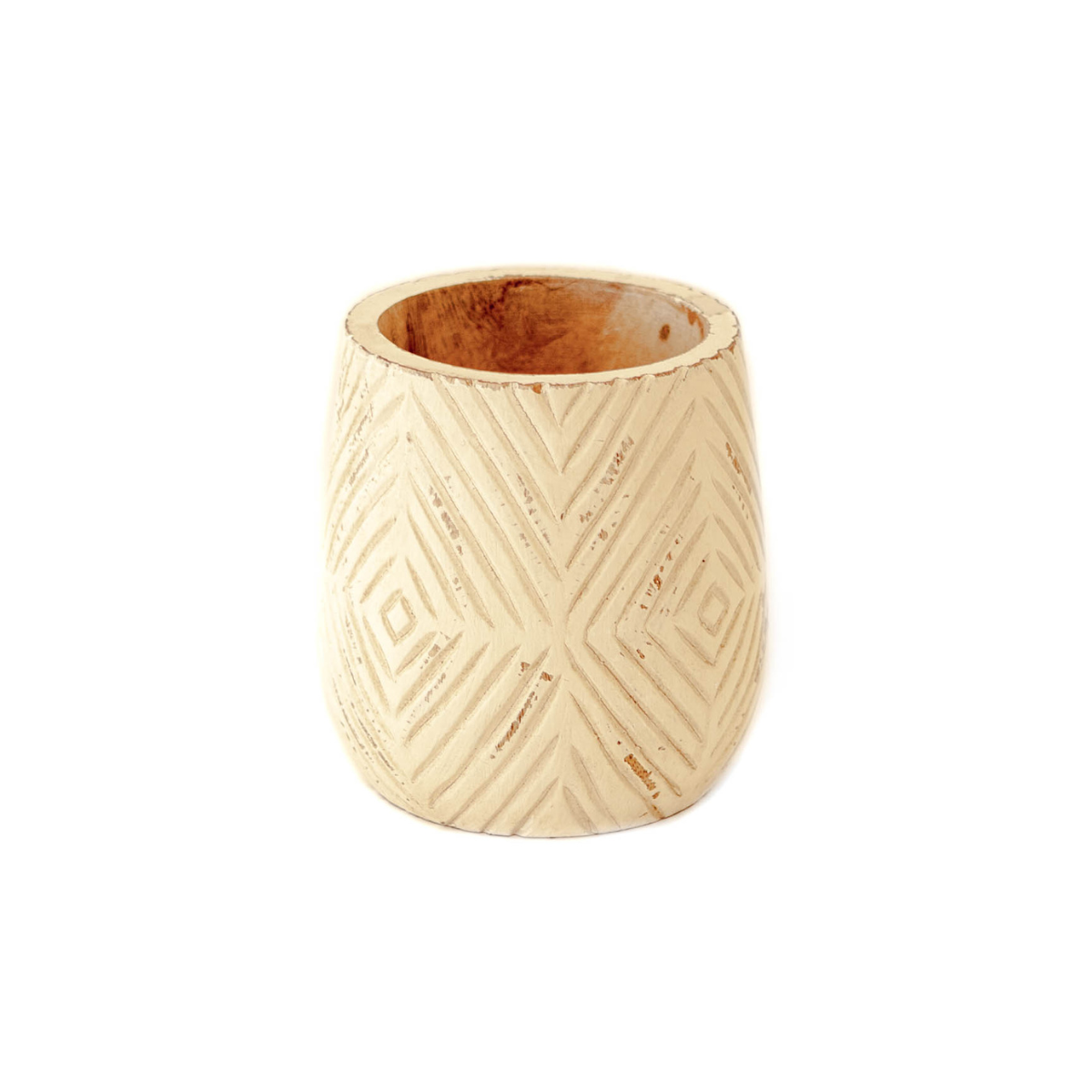 Mango Wood Cream Vase with Patterned Diamond