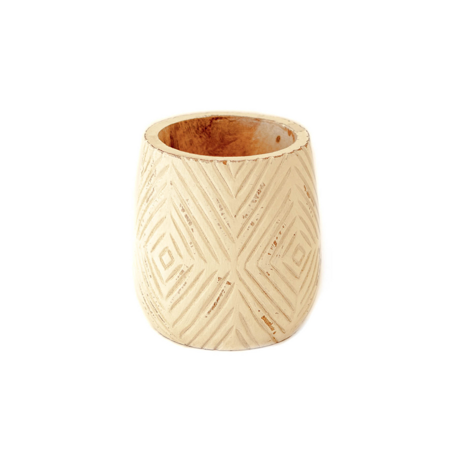 Mango Wood Cream Vase with Patterned Diamond