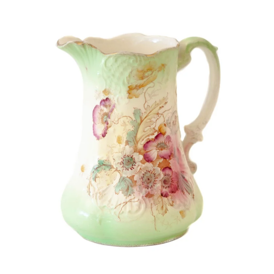 Mint Green and White Pitcher w/ Flowers
