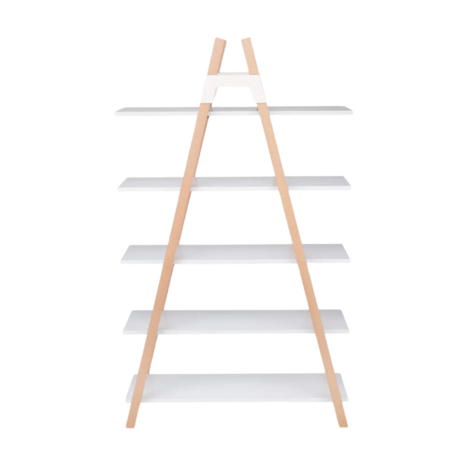 White Triangle Ladder Bookshelf w/ Natural Wood Fram