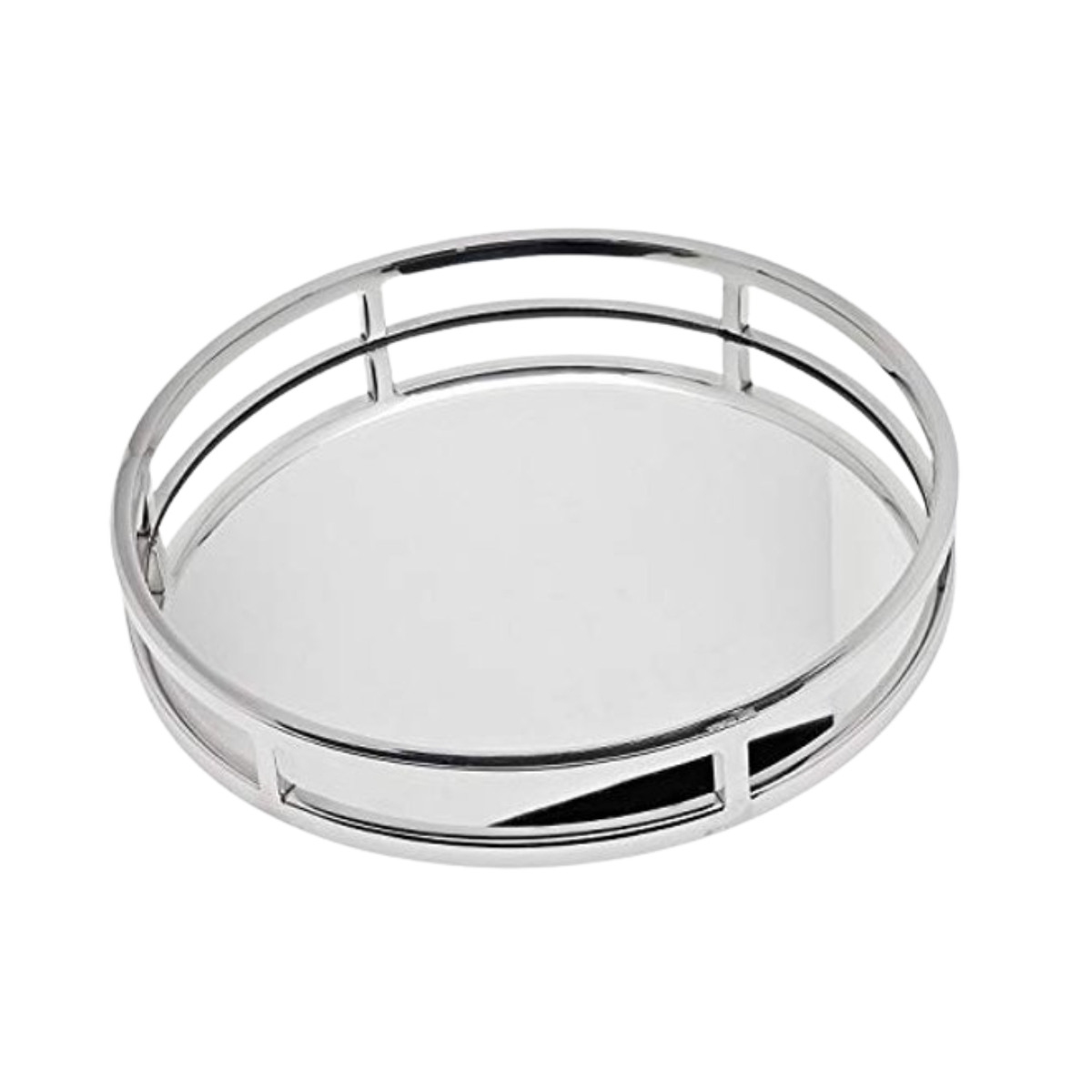 Round Tray with Mirror Bottom and Silver Metal Frame