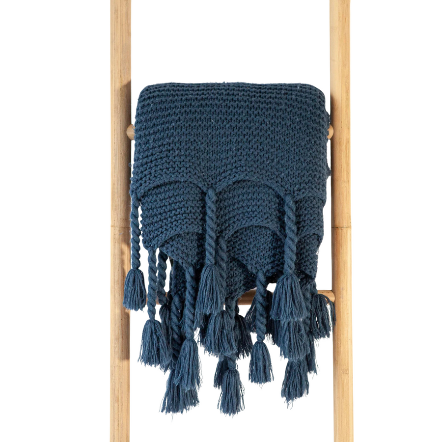 Navy Blue Knit Throw w/ Tassles