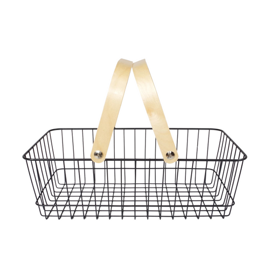 Large Black Wire Basket with 2 Wood Handles