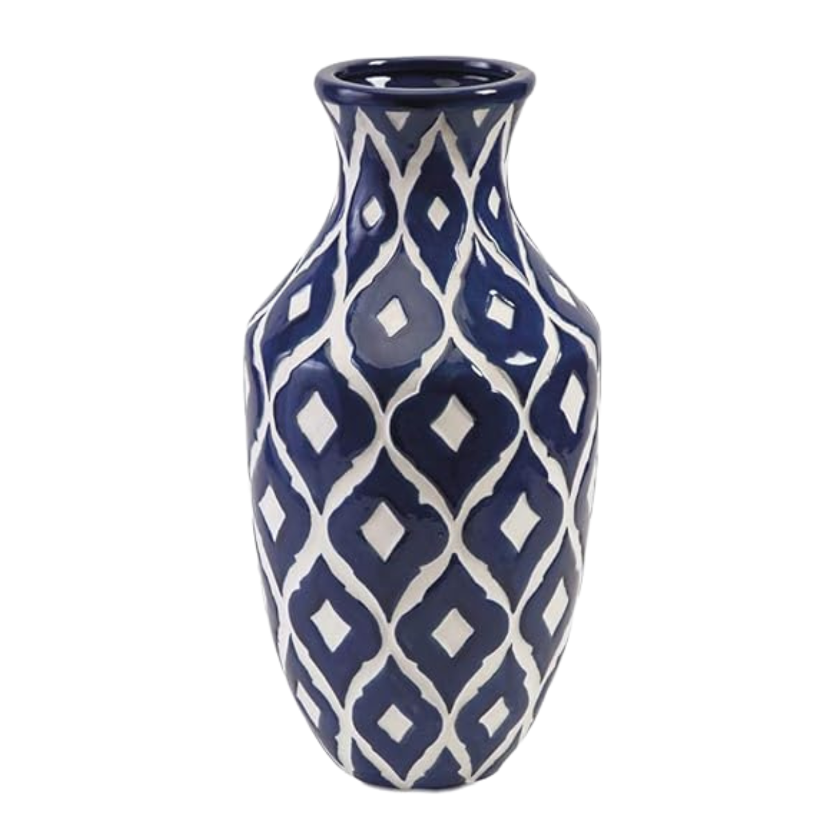 Large Dark Blue & White Glazed Diamond Vase