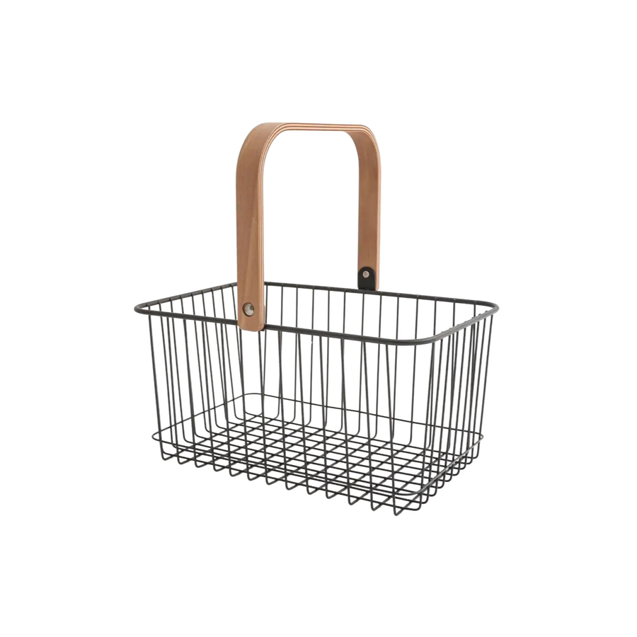 Small Black Wire Basket with 1 Wood Handle