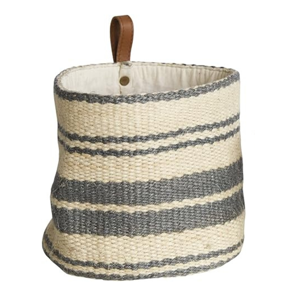 Large Basket with Cream and Grey Stripes & Leather Loop