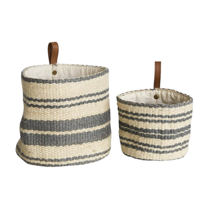 Small Basket with Cream and Grey Stripes & Leather Loop