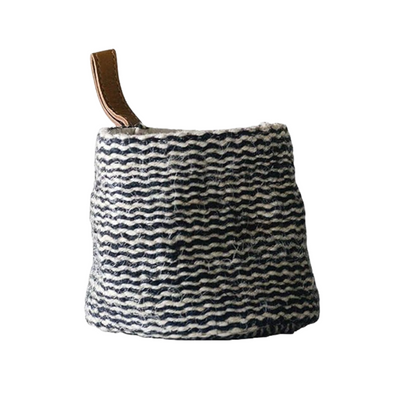 Small Jute Basket with Black & Cream Stripes and Leather Loop