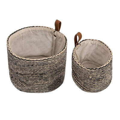 Small Jute Basket with Black & Cream Stripes and Leather Loop