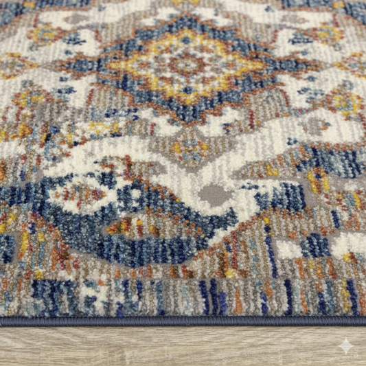 5x8 Evora Persian Blue, Yellow & Cream Rug