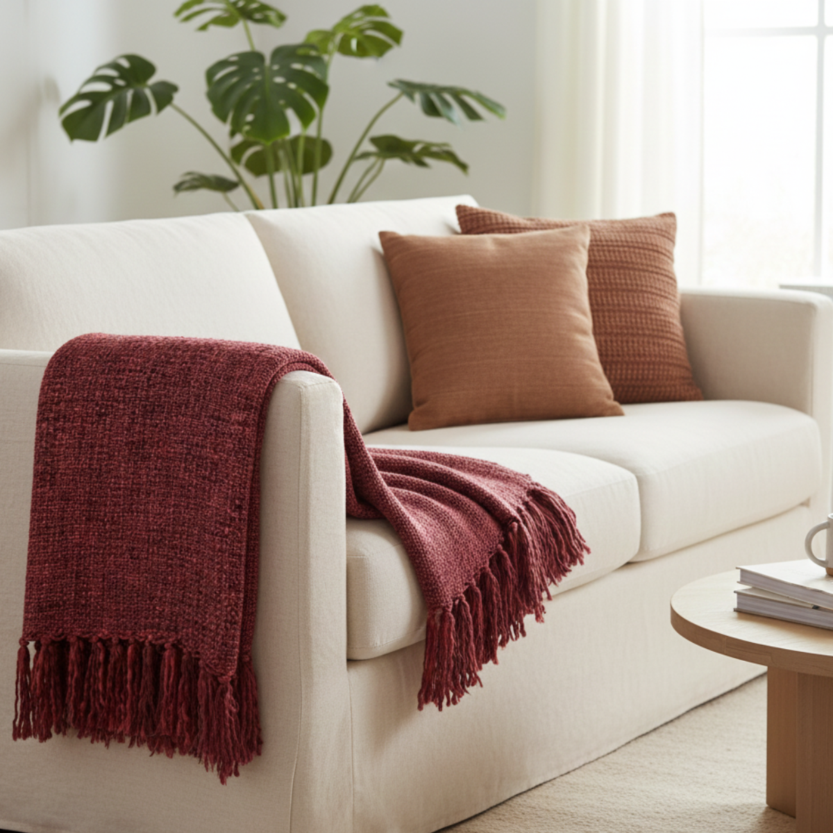 Burgundy Textured With Fringe Throw