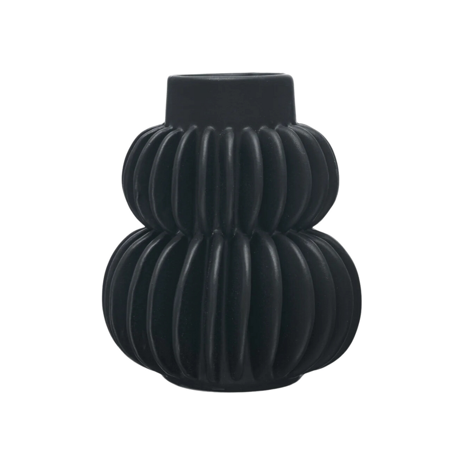 Black Round Pleated Stoneware Vase