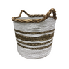 White & Natural Stripes Basket w/ Handles