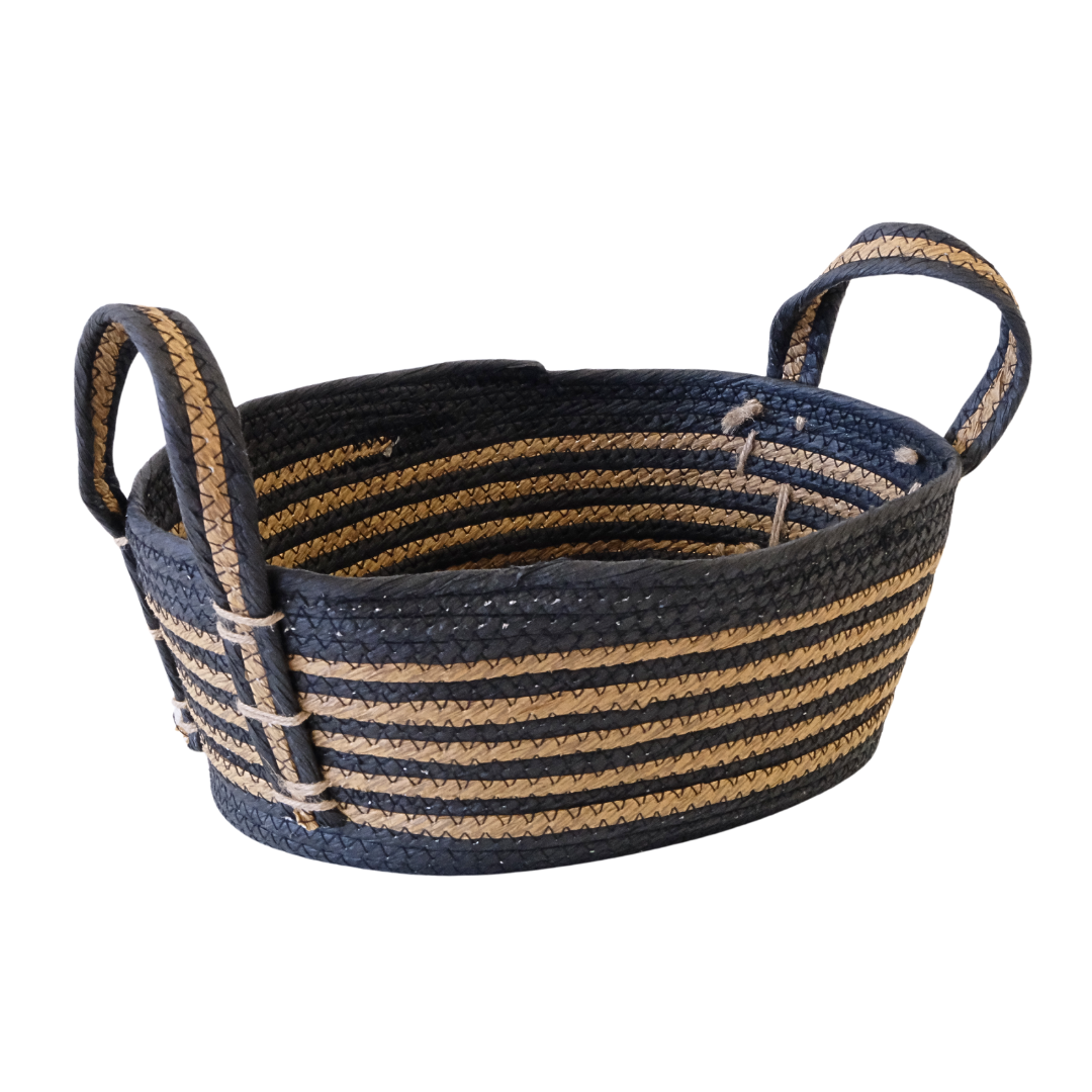 Black Stripes & Natural Wicker Basket with Handles