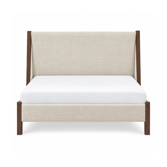 Bed Frame - Dark Wood Upholstered Beige King