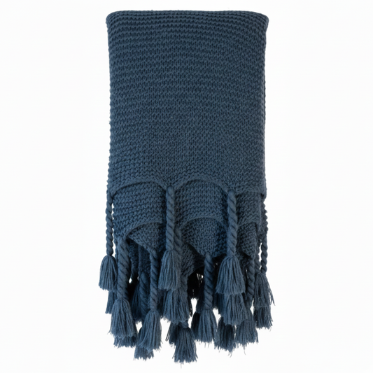 Nuba Navy Blue Knit Throw With Tassles