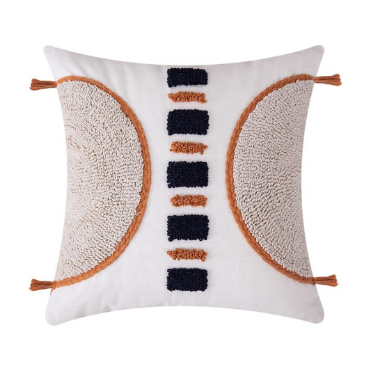 18x18 Cream Textured Linen Pillow with Blue Stripes & Orange Tassels